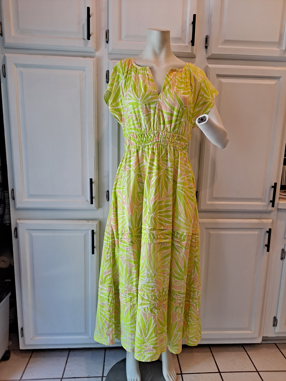 Sigrid Olsen Citron Green Peach Leaf-Print Smocked Maxi Dress Pockets Tiered